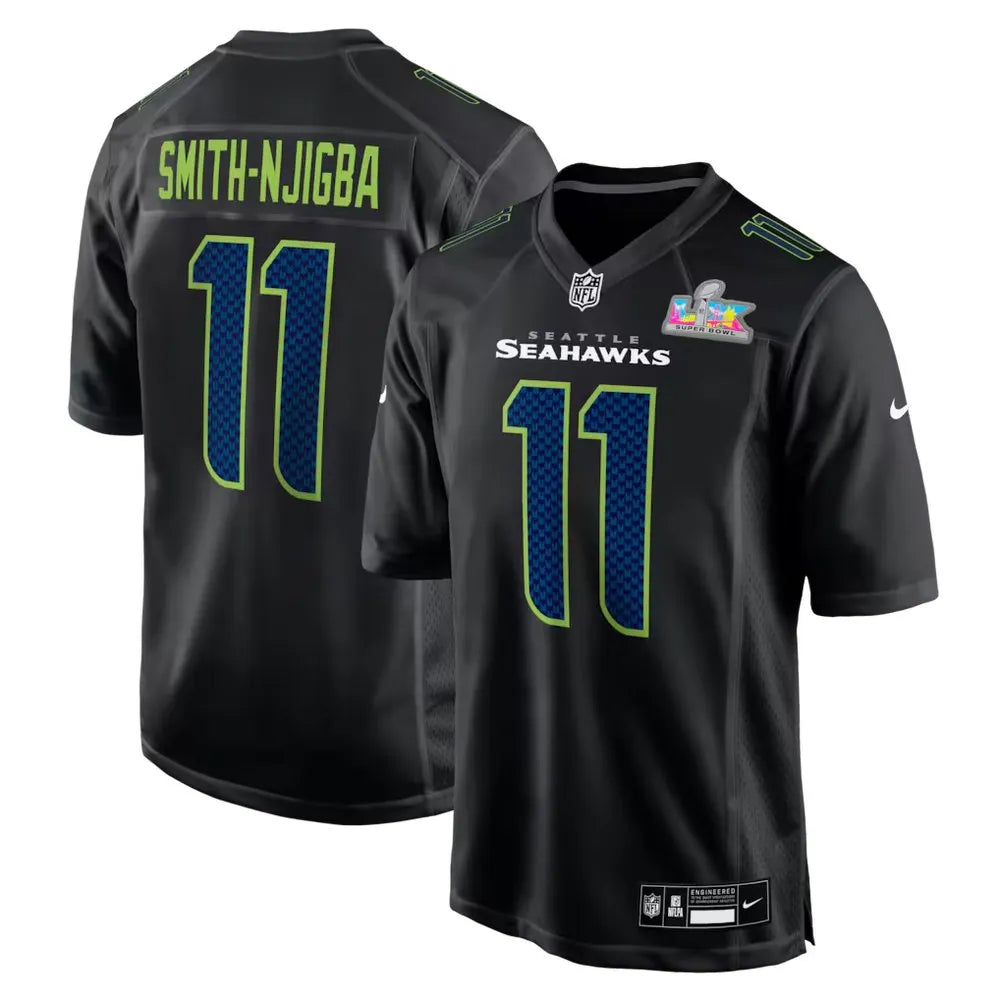 Men's Seattle Seahawks #11 Jaxon Smith-Njigba Black Super Bowl LX Patch Carbon Fashion Game Jersey