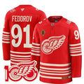 Men's Detroit Red Wings #91 Sergei Fedorov Red 2025 Centennial Premium With 100 and P Patch And A Patch Stitched Hockey Premium Jersey