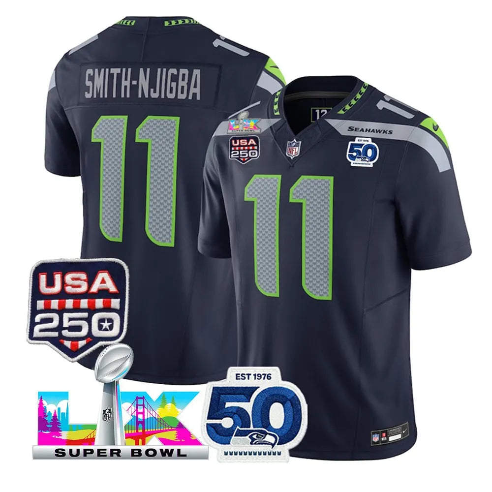 Men's Seattle Seahawks #11 Jaxon Smith-Njigba Navy Super Bowl LX Patch 50th Season & USA 250' Patch Vapor F.U.S.E. Limited Jersey (Navy)