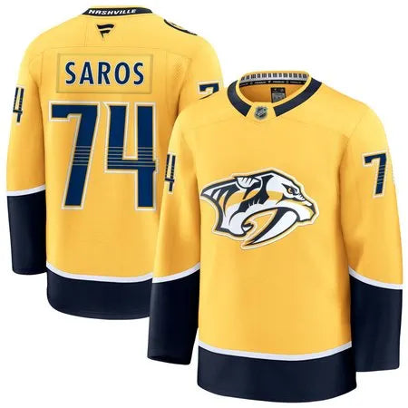 Men's Nashville Predators #74 Juuse Saros Gold Home Stitched Hockey Premium Jersey