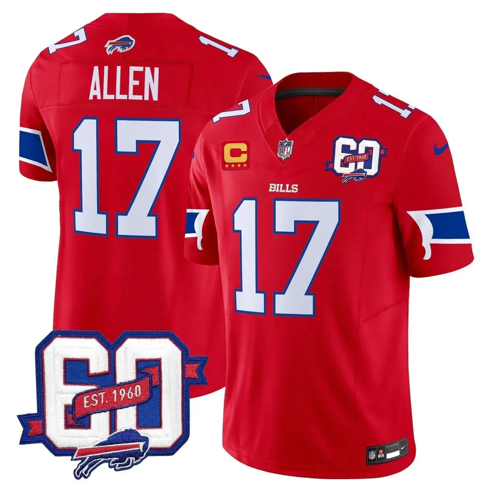 Men's Buffalo Bills #17 Josh Allen Red 60th Anniversary Patch Vapor F.U.S.E. Limited Jersey