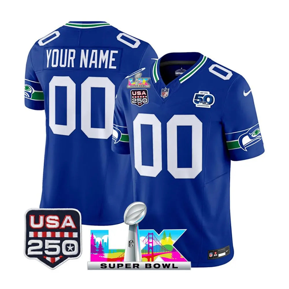 Men's Seattle Seahawks Custom Royal Super Bowl LX Patch 50th Season & USA 250' Patch Vapor F.U.S.E. Limited Jersey