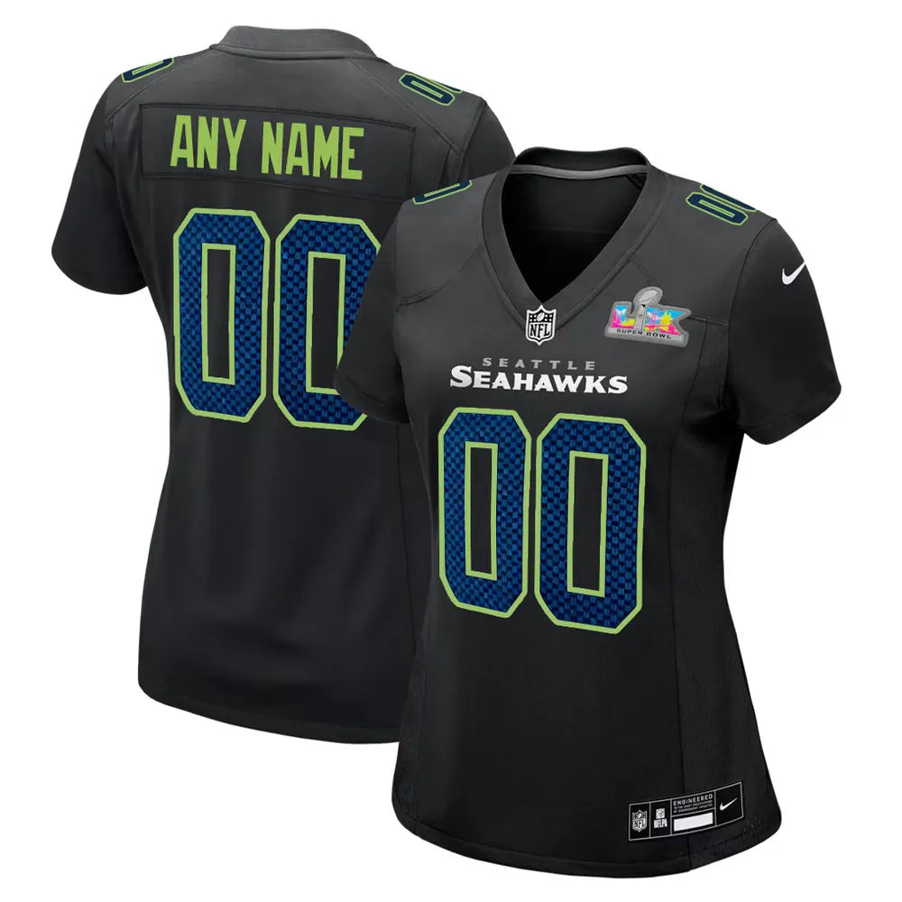 Women's Seattle Seahawks Custom Black Super Bowl LX Patch Carbon Fashion Game Jersey