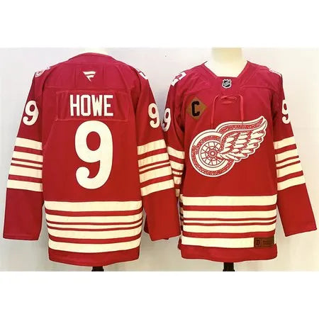 Men's Detroit Red Wings #9 Gordie Howe Red 2025-26 With C Patch Centennial Premium Stitched Hockey Premium Jersey