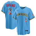 Men's Milwaukee Brewers #2 Brice Turang Nike Light Blue USA 250 Fourth of July Road Stadium Jersey