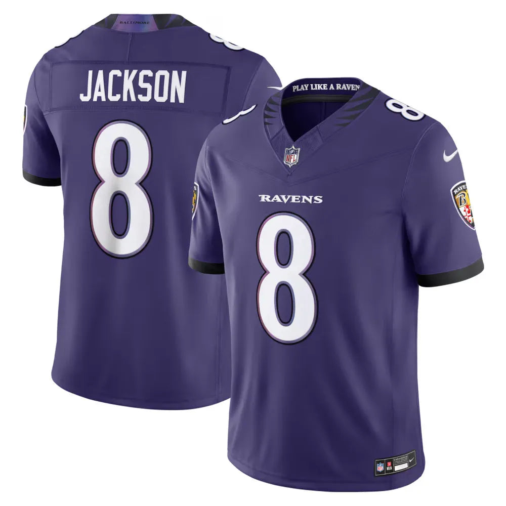 Men's Baltimore Ravens #8 Lamar Jackson Nike Purple Vapor F.U.S.E. Sewn Down Limited Jersey